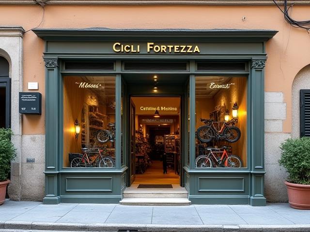 The storefront of Cicli Fortezza in Verona, showcasing bicycles and gear