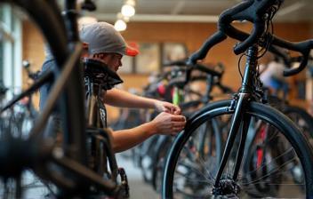 Cyclist choosing a road bike in a store